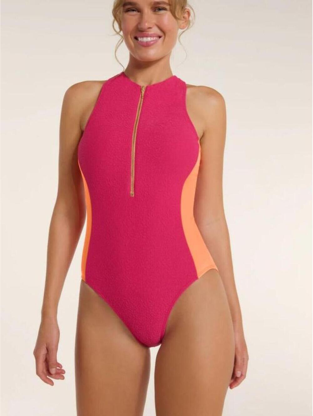 Hermoza Margaret One Piece Swimsuit Pink Orange Half Zip Racer Back 8